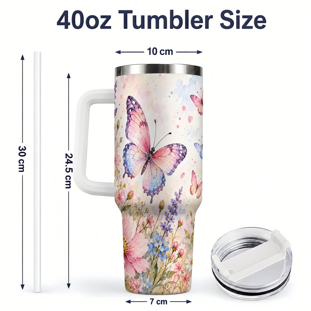 #pl[40oz|White] Watercolor Butterfly Wildflower 40oz Tumbler, Stainless Steel