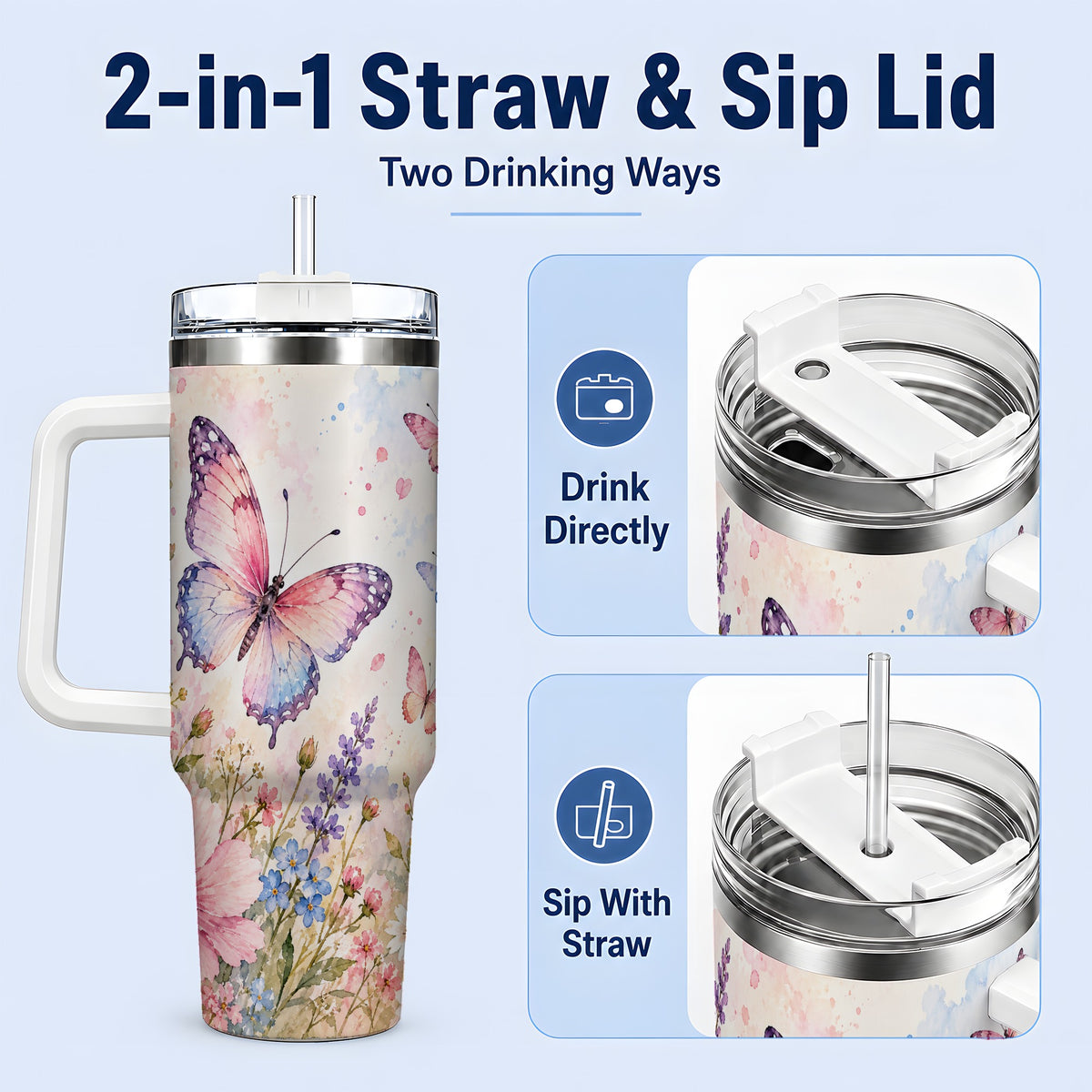 #pl[40oz|White] Watercolor Butterfly Wildflower 40oz Tumbler, Stainless Steel