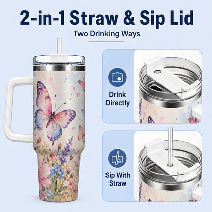 #pl[40oz|White] Watercolor Butterfly Wildflower 40oz Tumbler, Stainless Steel