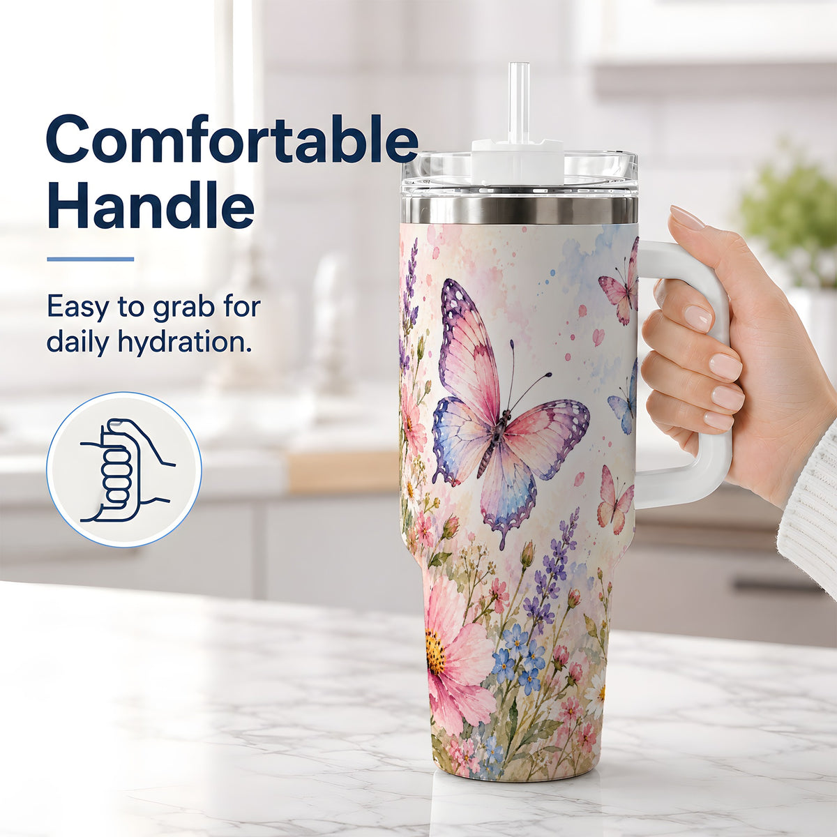 #pl[40oz|White] Watercolor Butterfly Wildflower 40oz Tumbler, Stainless Steel