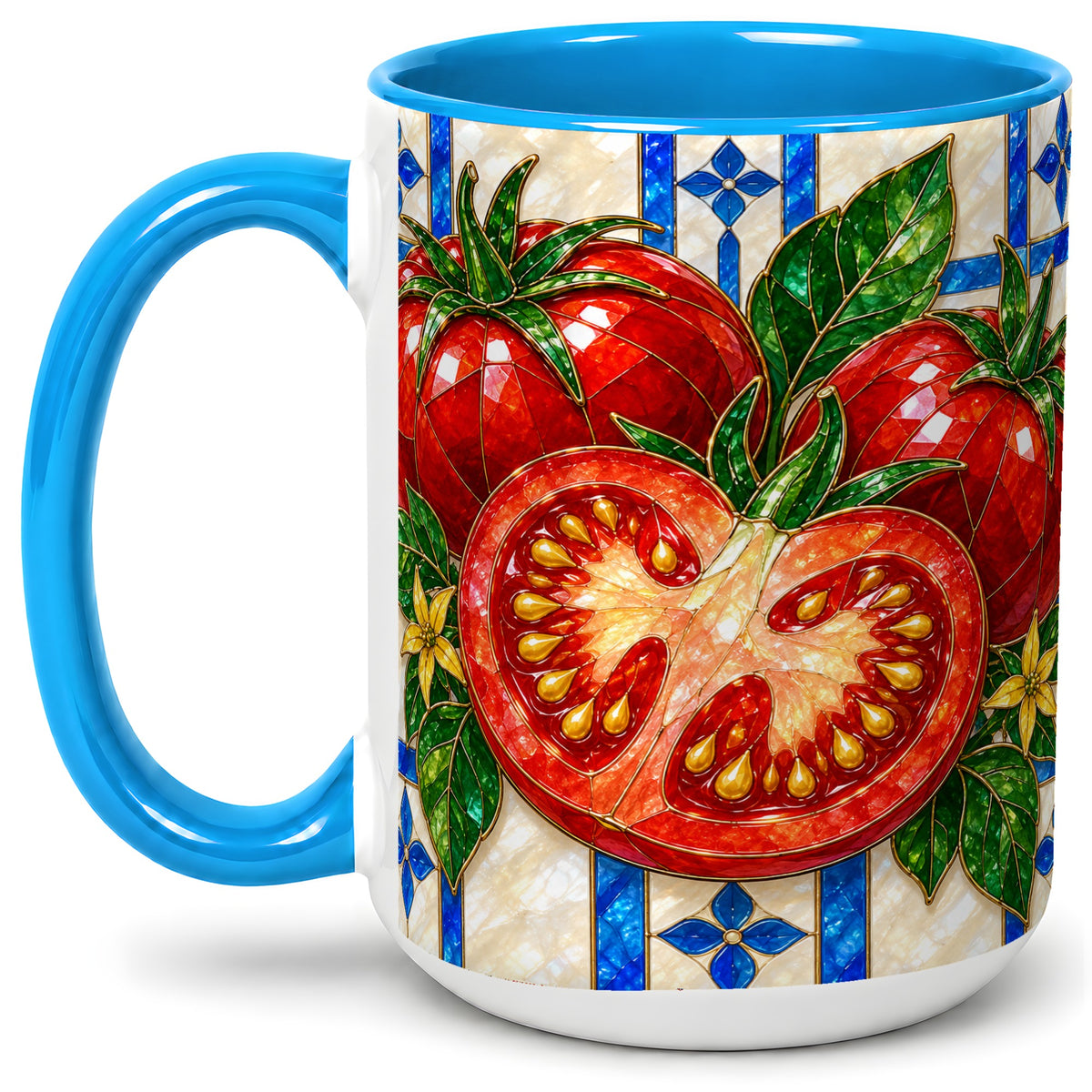#pl[15oz|Blue] Stained Glass Tomato Accent Mug, Ceramic Drinkware for Gardeners