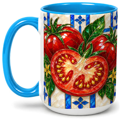 #pl[15oz|Blue] Stained Glass Tomato Accent Mug, Ceramic Drinkware for Gardeners