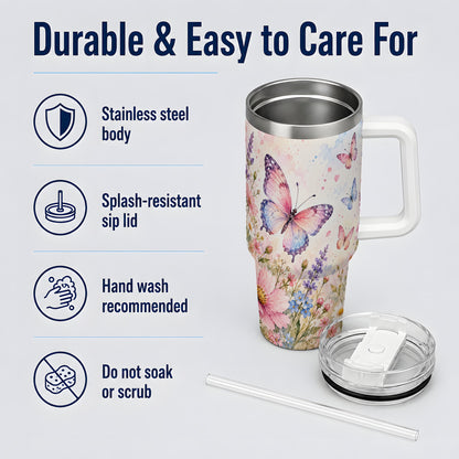 Watercolor Butterfly Wildflower 40oz Tumbler, Stainless Steel