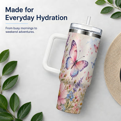 Watercolor Butterfly Wildflower 40oz Tumbler, Stainless Steel