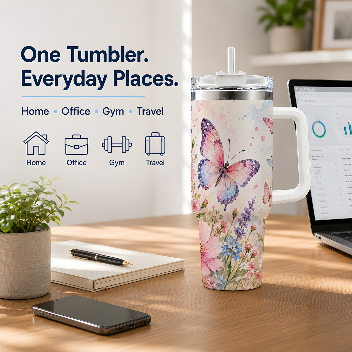 Watercolor Butterfly Wildflower 40oz Tumbler, Stainless Steel