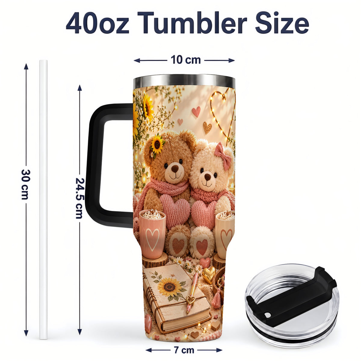 #pl[40oz|Black] Teddy Bear Sunflower Hearts 40oz Tumbler, Stainless Steel