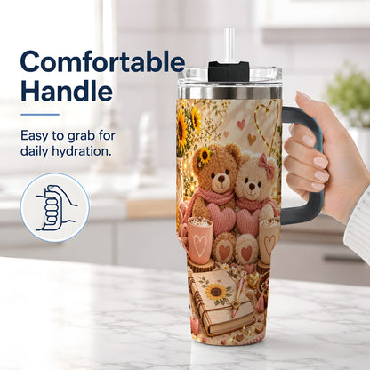#pl[40oz|Black] Teddy Bear Sunflower Hearts 40oz Tumbler, Stainless Steel