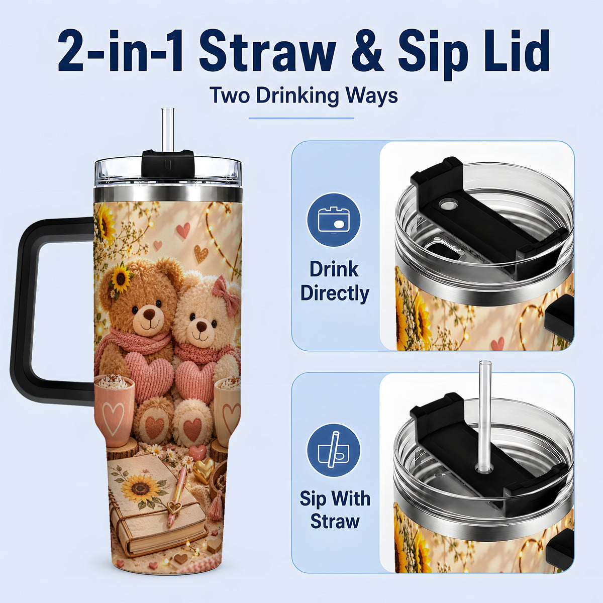 #pl[40oz|Black] Teddy Bear Sunflower Hearts 40oz Tumbler, Stainless Steel