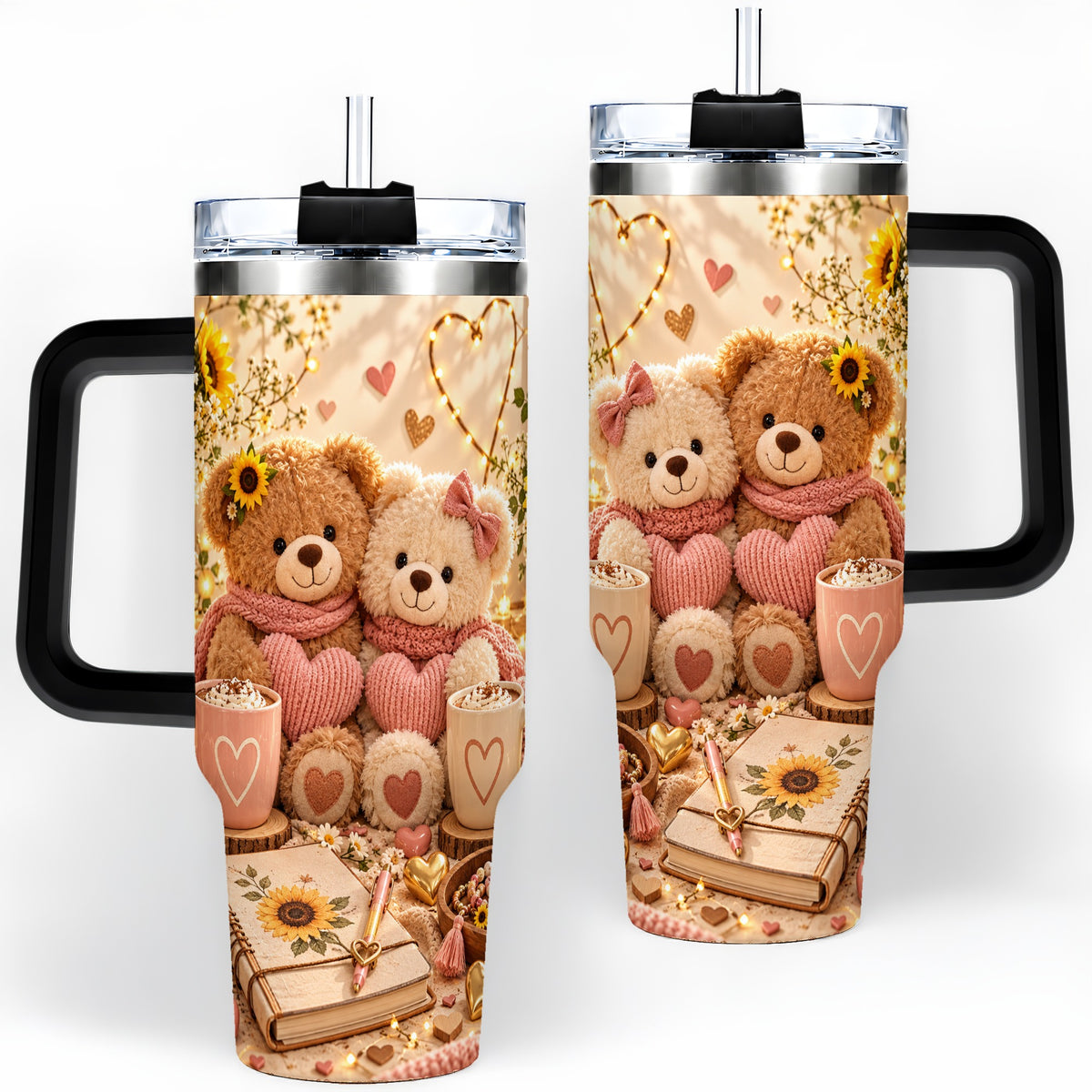 #pl[40oz|Black] Teddy Bear Sunflower Hearts 40oz Tumbler, Stainless Steel