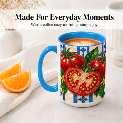 #pl[15oz|Blue] Stained Glass Tomato Accent Mug, Ceramic Drinkware for Gardeners