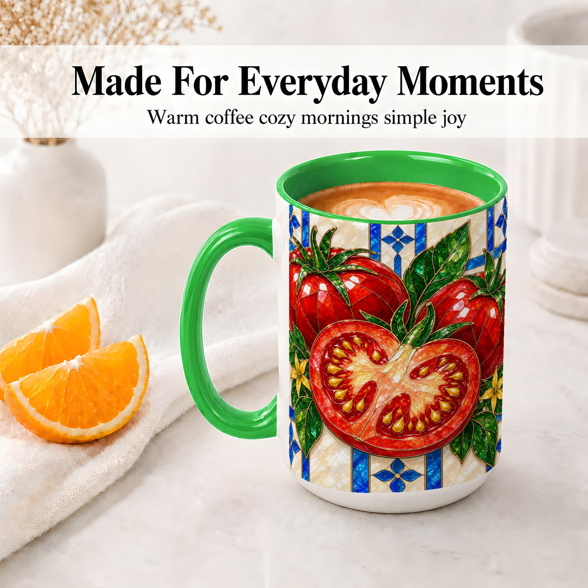 #pl[15oz|Green] Stained Glass Tomato Accent Mug, Ceramic Drinkware for Gardeners