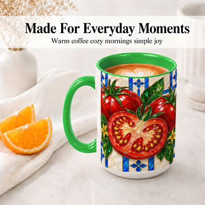 #pl[15oz|Green] Stained Glass Tomato Accent Mug, Ceramic Drinkware for Gardeners