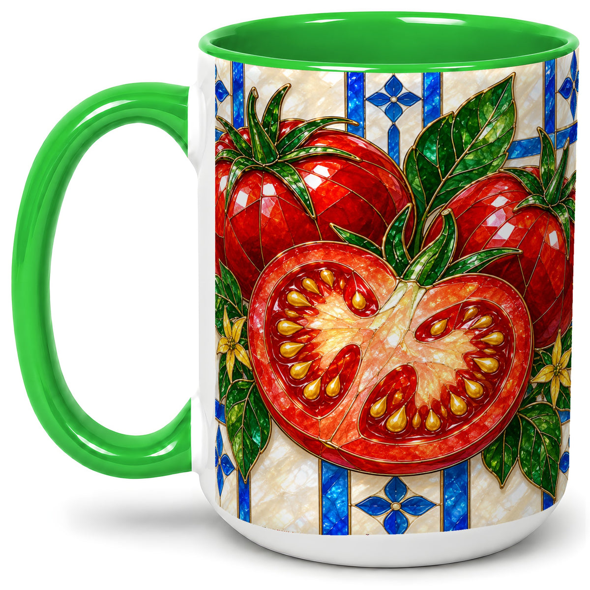 #pl[15oz|Green] Stained Glass Tomato Accent Mug, Ceramic Drinkware for Gardeners