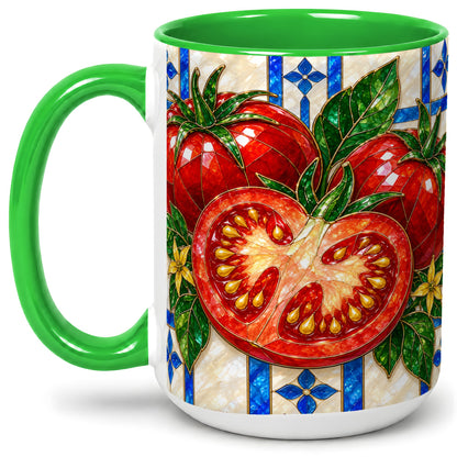 #pl[15oz|Green] Stained Glass Tomato Accent Mug, Ceramic Drinkware for Gardeners