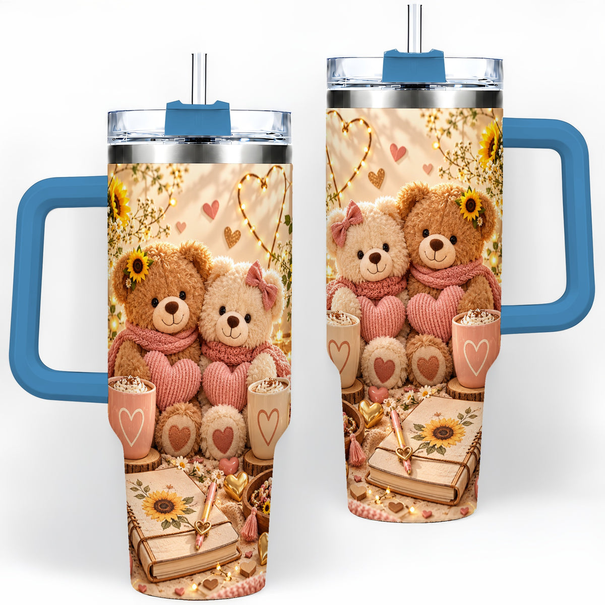 #pl[40oz|Blue] Teddy Bear Sunflower Hearts 40oz Tumbler, Stainless Steel