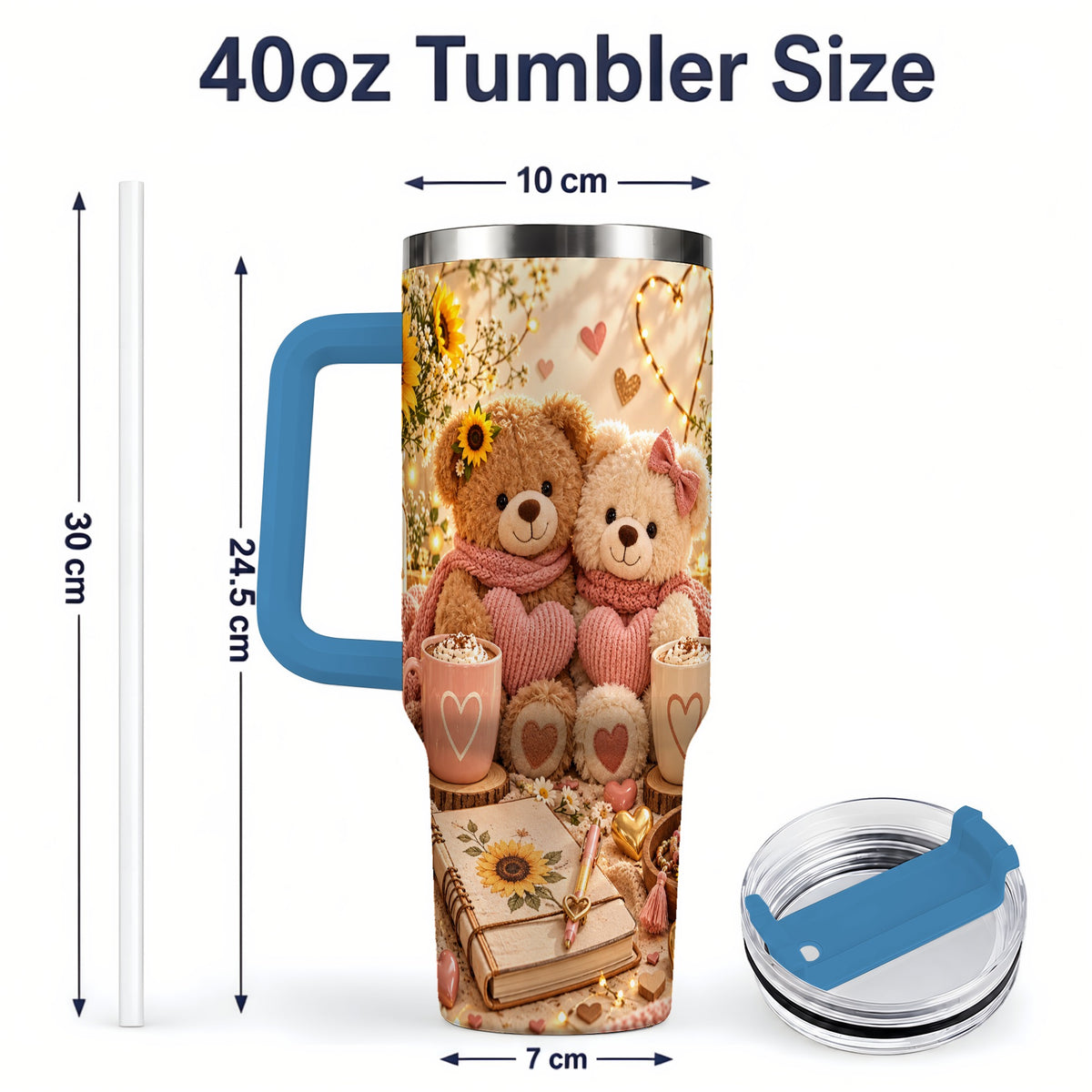 #pl[40oz|Blue] Teddy Bear Sunflower Hearts 40oz Tumbler, Stainless Steel