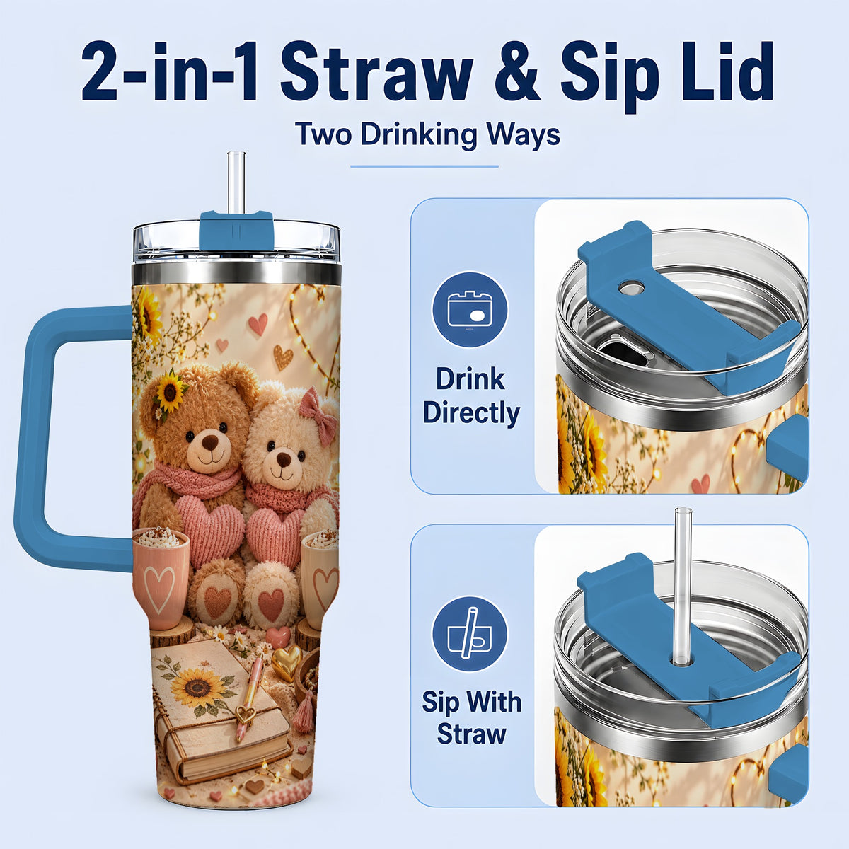 #pl[40oz|Blue] Teddy Bear Sunflower Hearts 40oz Tumbler, Stainless Steel