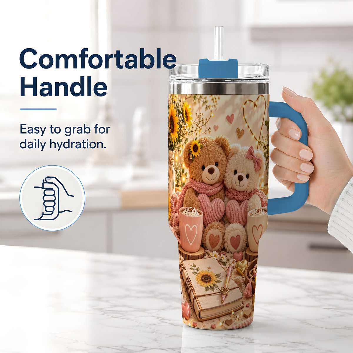 #pl[40oz|Blue] Teddy Bear Sunflower Hearts 40oz Tumbler, Stainless Steel