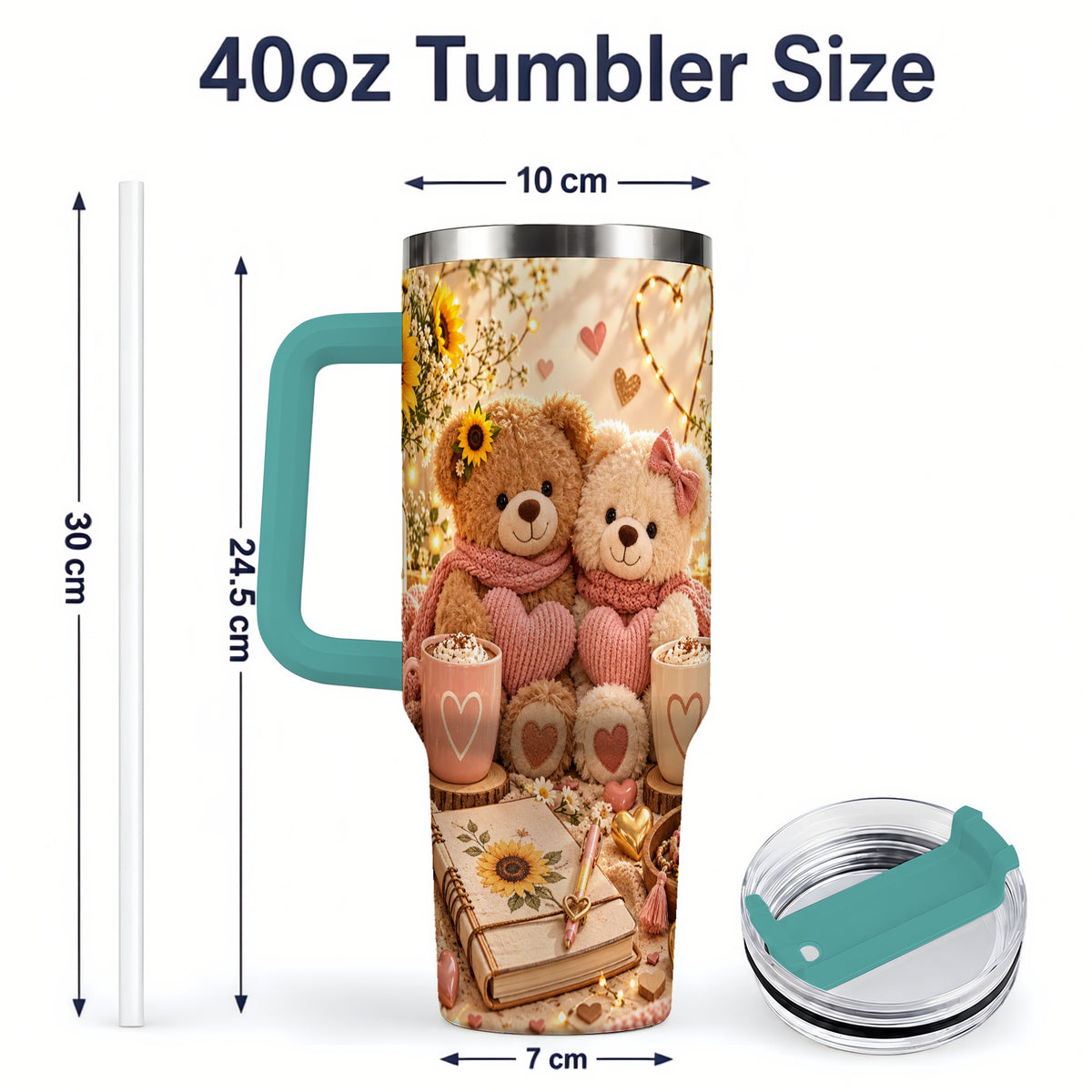 #pl[40oz|Green] Teddy Bear Sunflower Hearts 40oz Tumbler, Stainless Steel