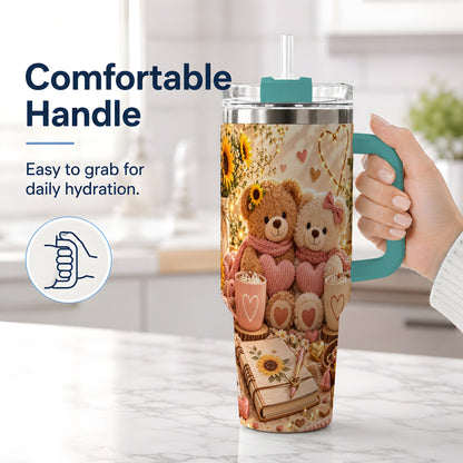 #pl[40oz|Green] Teddy Bear Sunflower Hearts 40oz Tumbler, Stainless Steel