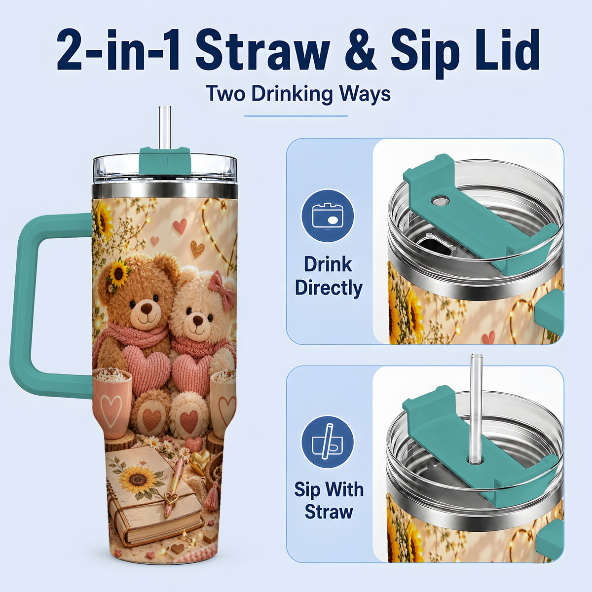 #pl[40oz|Green] Teddy Bear Sunflower Hearts 40oz Tumbler, Stainless Steel