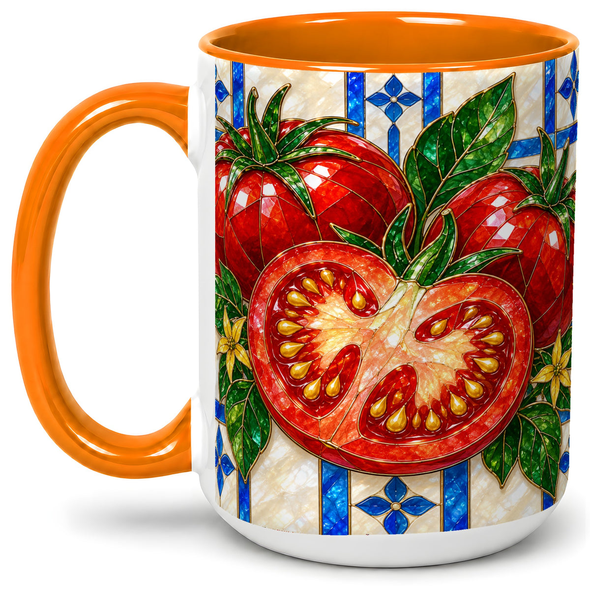 #pl[15oz|Orange] Stained Glass Tomato Accent Mug, Ceramic Drinkware for Gardeners