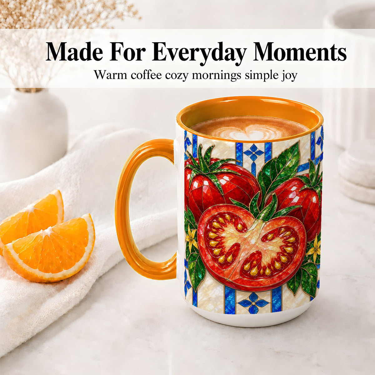 #pl[15oz|Orange] Stained Glass Tomato Accent Mug, Ceramic Drinkware for Gardeners