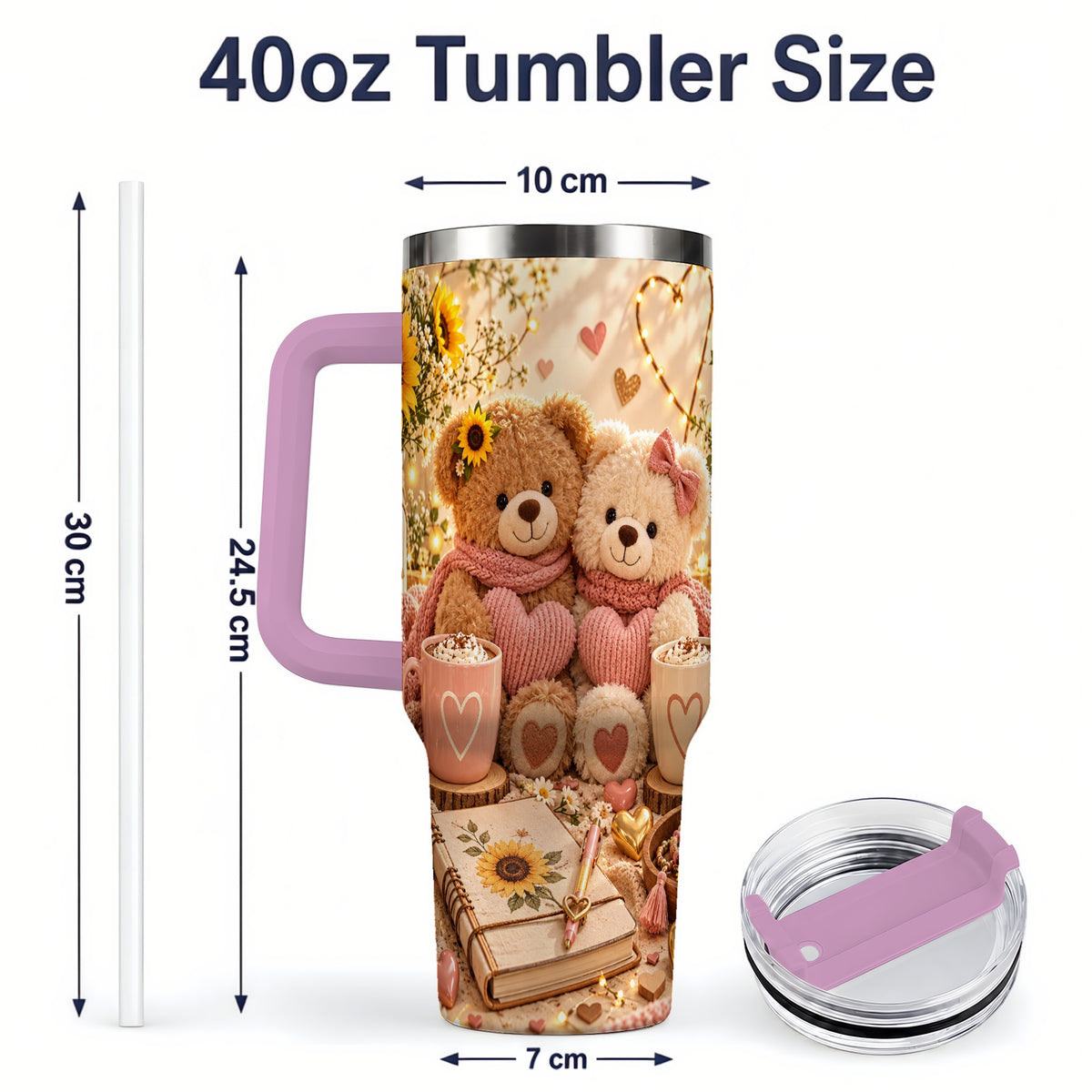 #pl[40oz|Pink] Teddy Bear Sunflower Hearts 40oz Tumbler, Stainless Steel