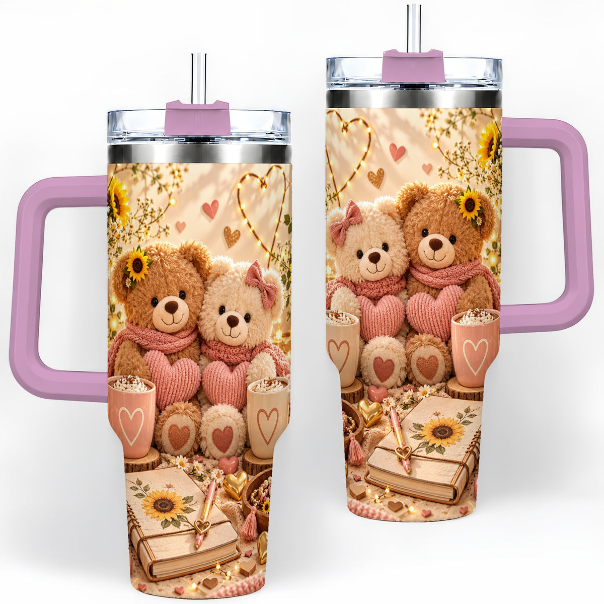 #pl[40oz|Pink] Teddy Bear Sunflower Hearts 40oz Tumbler, Stainless Steel
