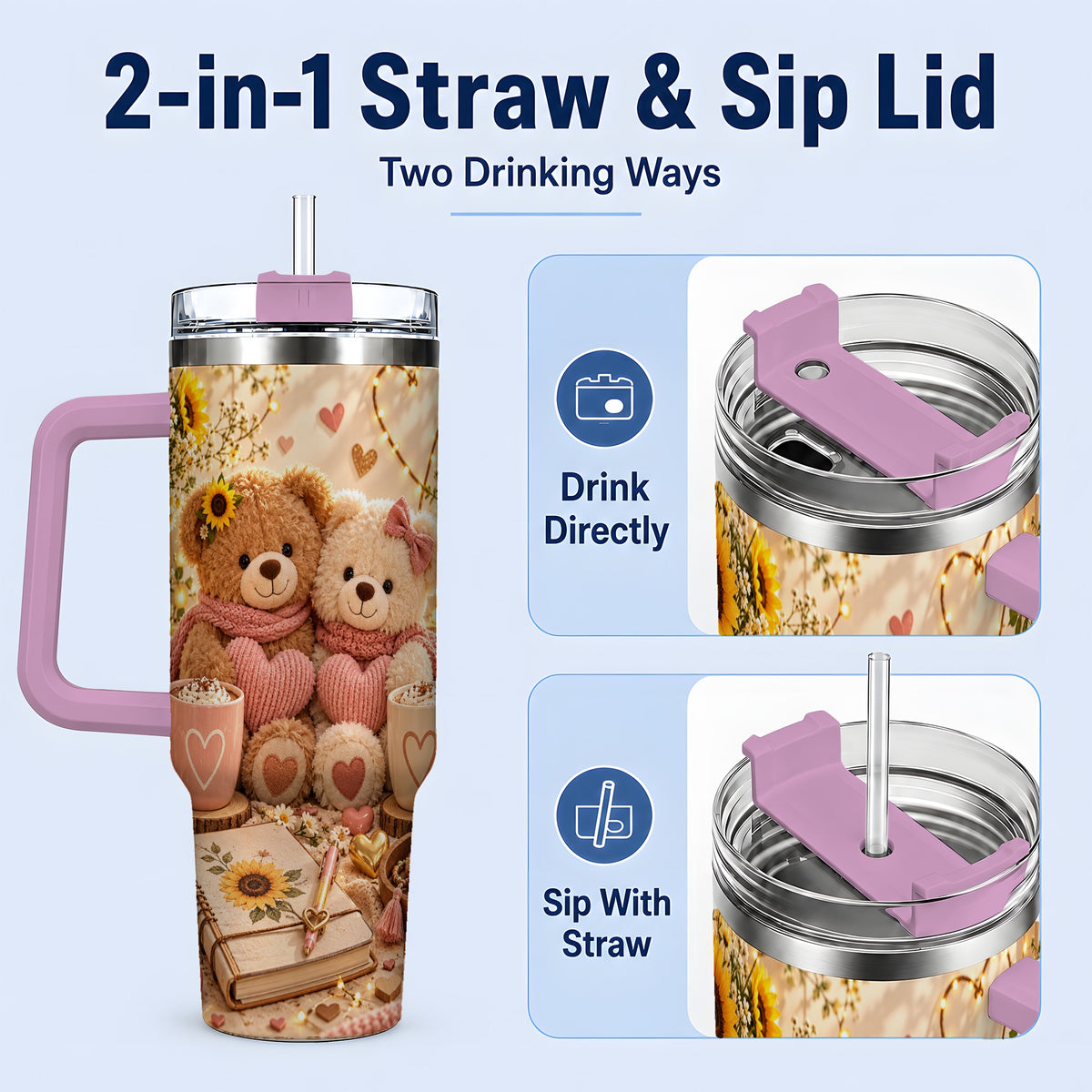 #pl[40oz|Pink] Teddy Bear Sunflower Hearts 40oz Tumbler, Stainless Steel