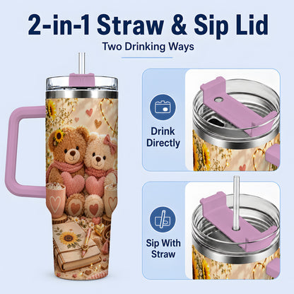 #pl[40oz|Pink] Teddy Bear Sunflower Hearts 40oz Tumbler, Stainless Steel