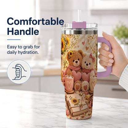 #pl[40oz|Pink] Teddy Bear Sunflower Hearts 40oz Tumbler, Stainless Steel