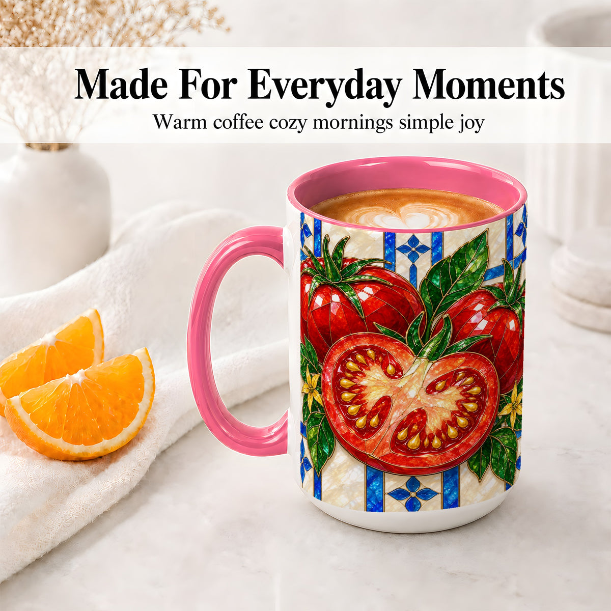 #pl[15oz|Pink] Stained Glass Tomato Accent Mug, Ceramic Drinkware for Gardeners