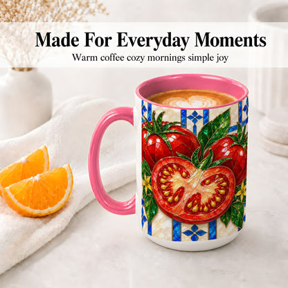#pl[15oz|Pink] Stained Glass Tomato Accent Mug, Ceramic Drinkware for Gardeners