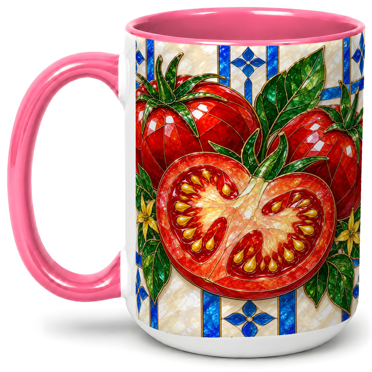 #pl[15oz|Pink] Stained Glass Tomato Accent Mug, Ceramic Drinkware for Gardeners