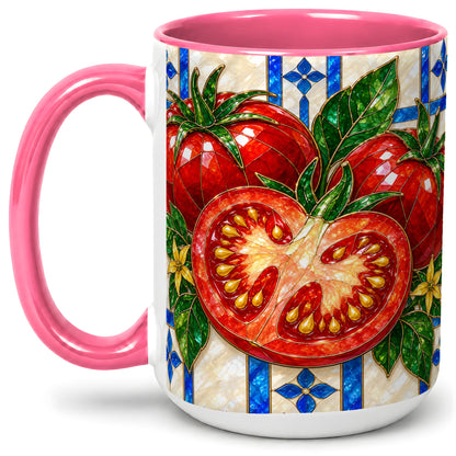#pl[15oz|Pink] Stained Glass Tomato Accent Mug, Ceramic Drinkware for Gardeners
