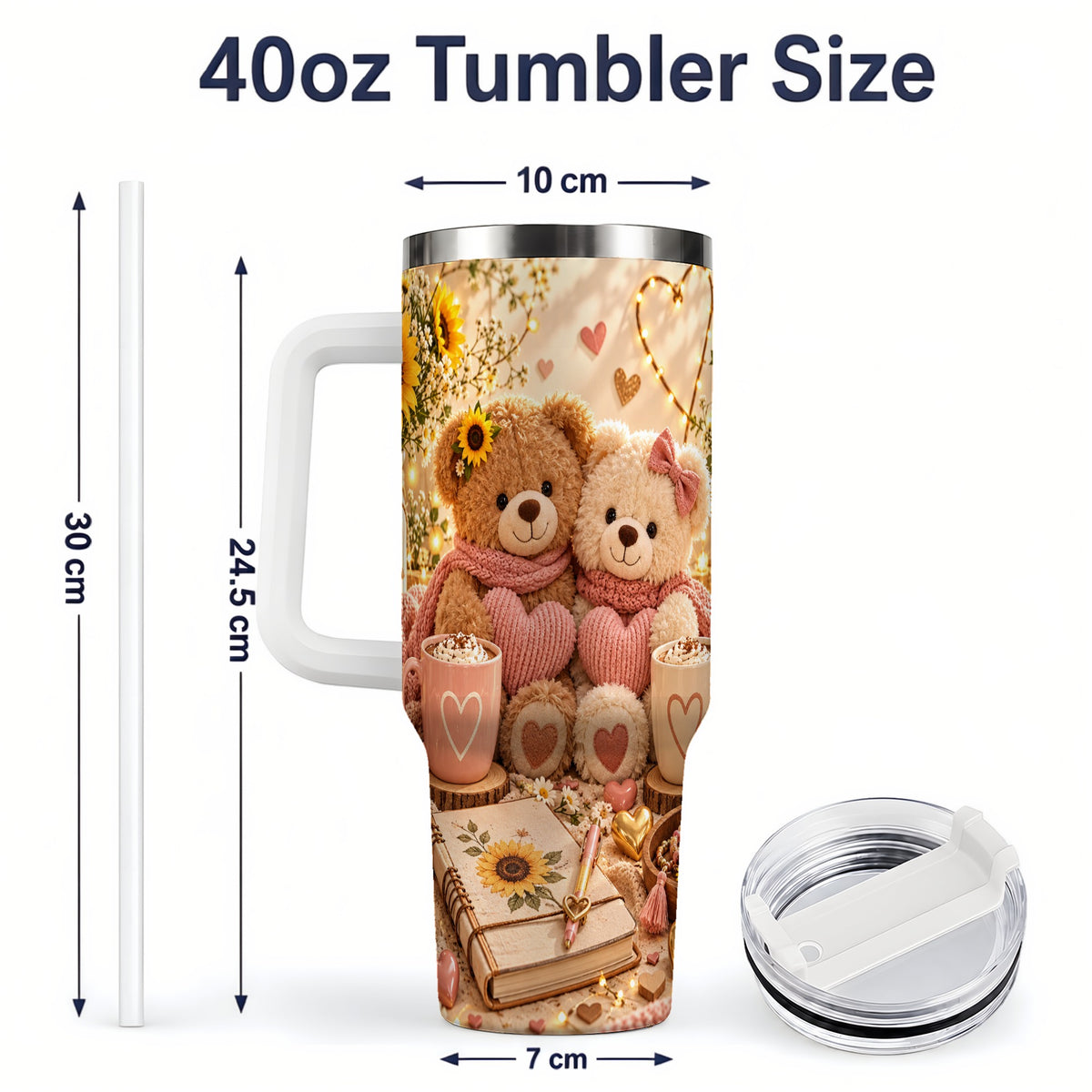 #pl[40oz|White] Teddy Bear Sunflower Hearts 40oz Tumbler, Stainless Steel