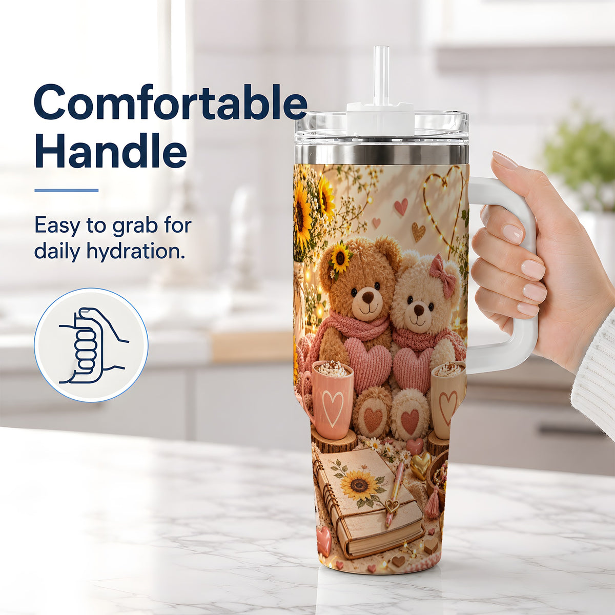 #pl[40oz|White] Teddy Bear Sunflower Hearts 40oz Tumbler, Stainless Steel