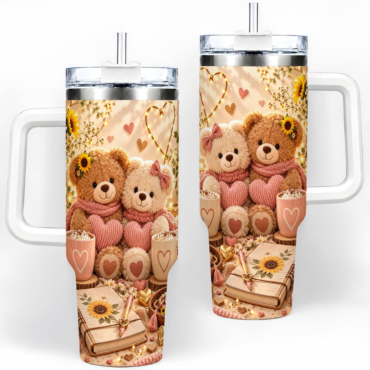 Teddy Bear Sunflower Hearts 40oz Tumbler, Stainless Steel