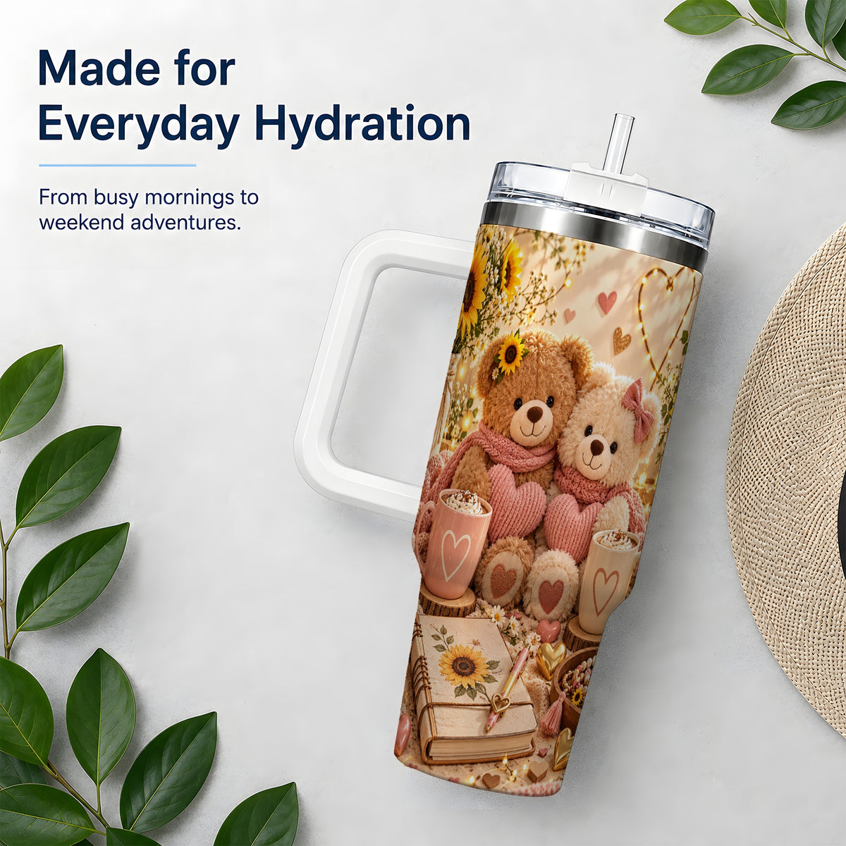 Teddy Bear Sunflower Hearts 40oz Tumbler, Stainless Steel