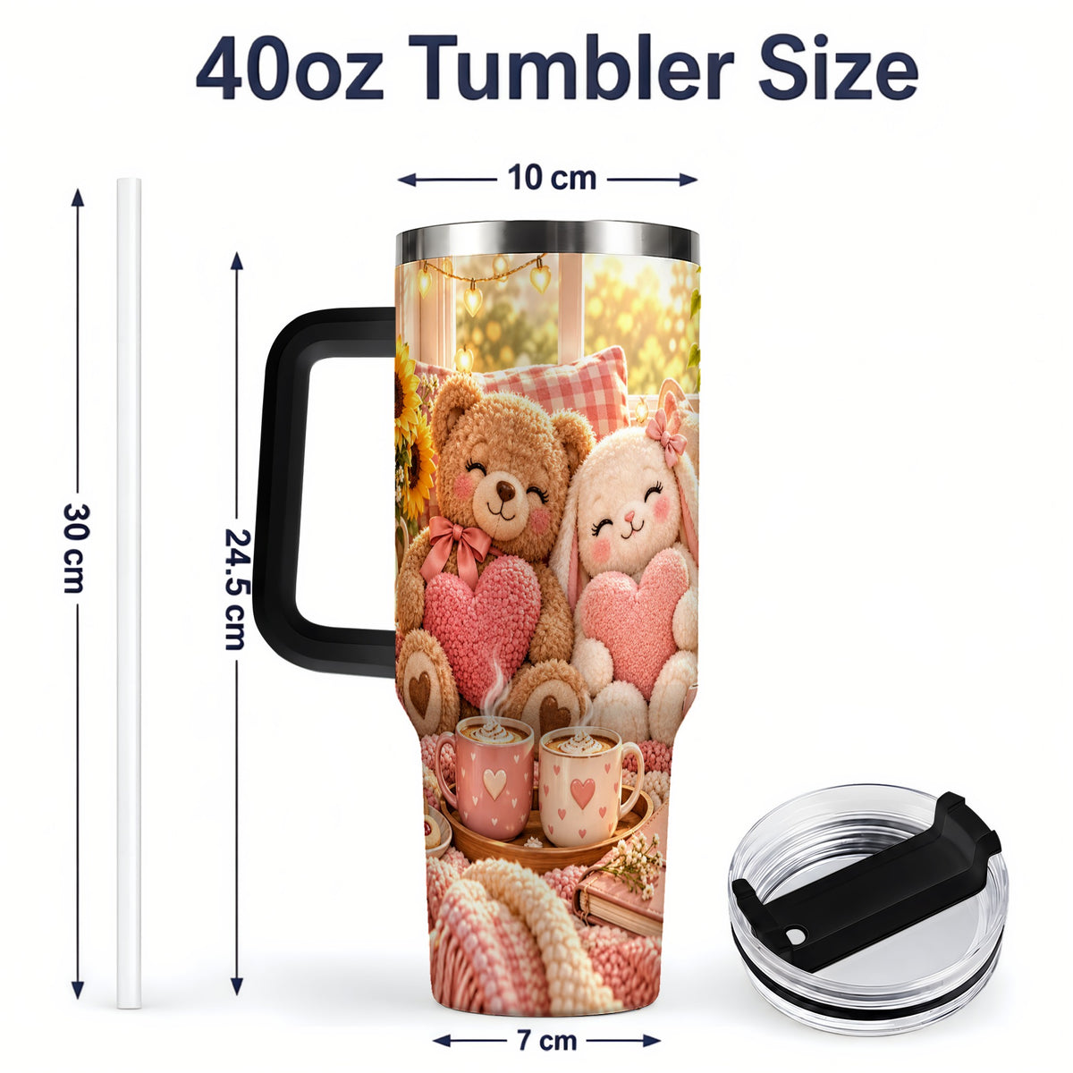 #pl[40oz|Black] Teddy Bear Bunny Hearts 40oz Tumbler, Stainless Steel