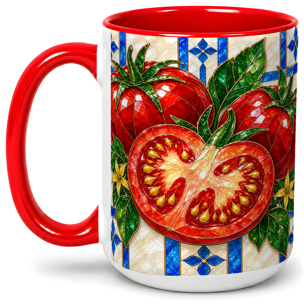 #pl[15oz|Red] Stained Glass Tomato Accent Mug, Ceramic Drinkware for Gardeners