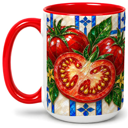 #pl[15oz|Red] Stained Glass Tomato Accent Mug, Ceramic Drinkware for Gardeners