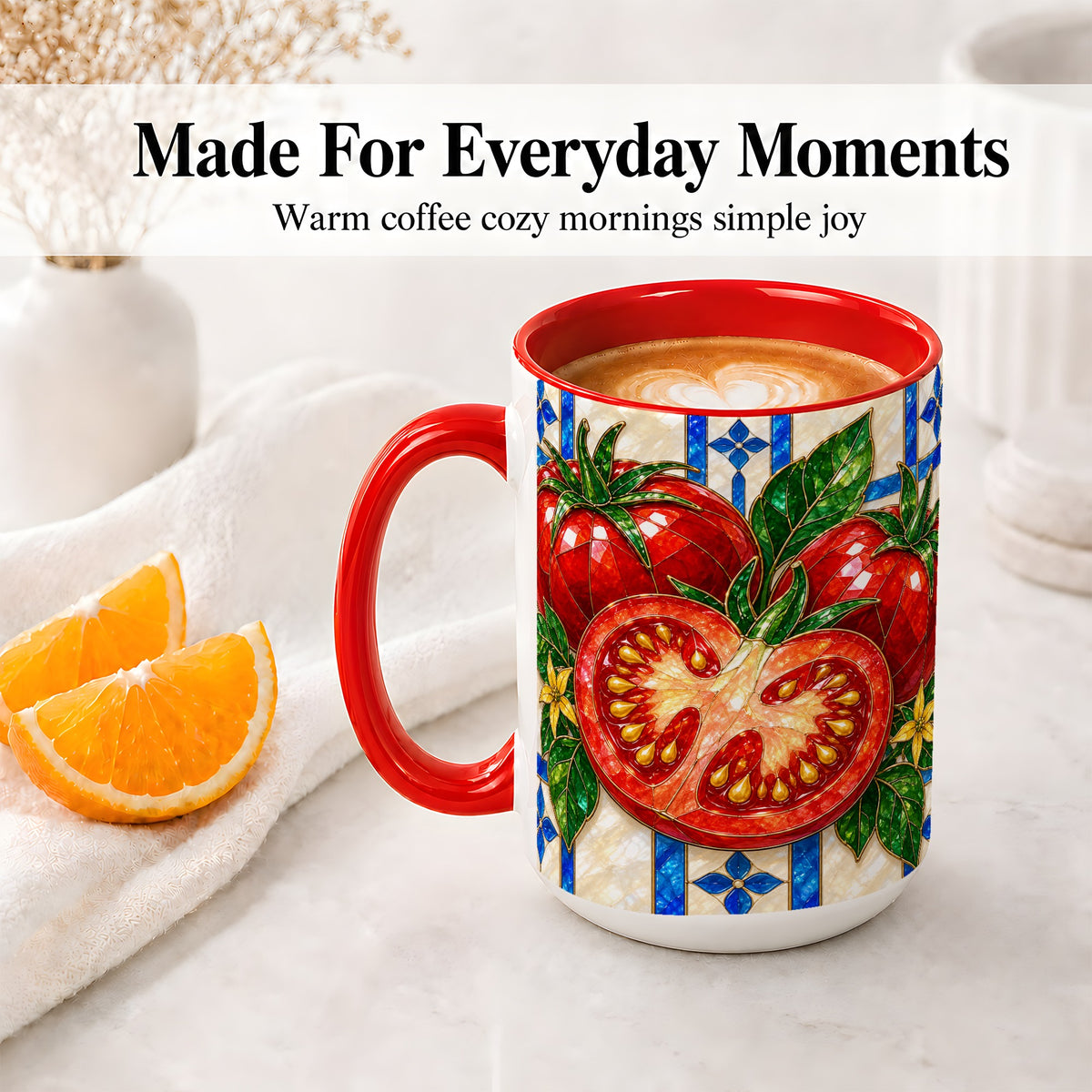 #pl[15oz|Red] Stained Glass Tomato Accent Mug, Ceramic Drinkware for Gardeners