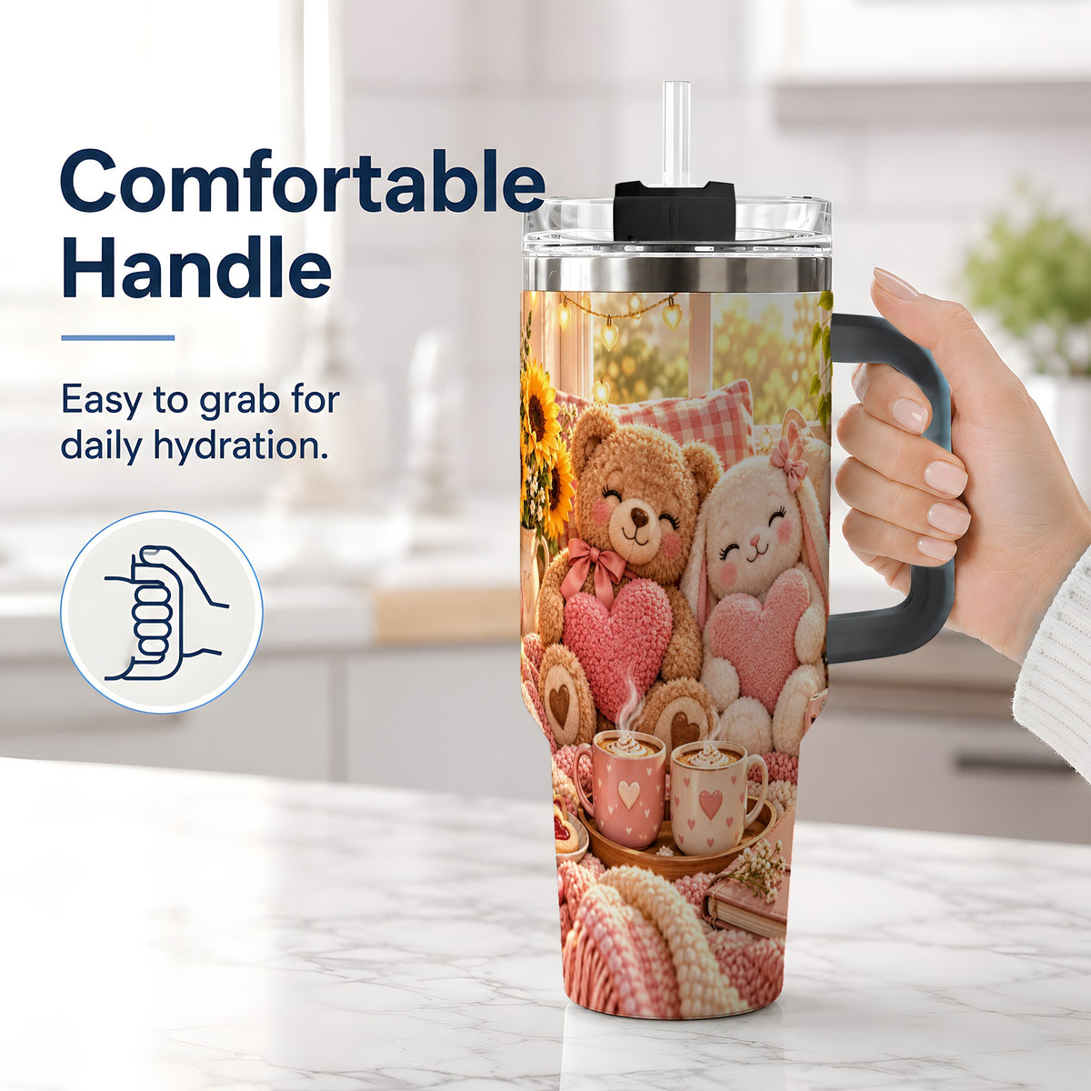 #pl[40oz|Black] Teddy Bear Bunny Hearts 40oz Tumbler, Stainless Steel