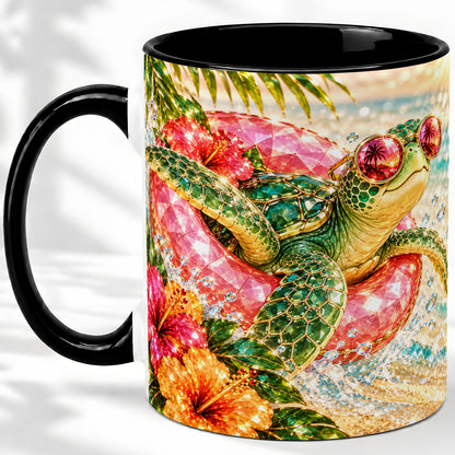 #pl[11oz|Black] Tropical Sea Turtle Accent Mug, Ceramic Drinkware for Beach Fans