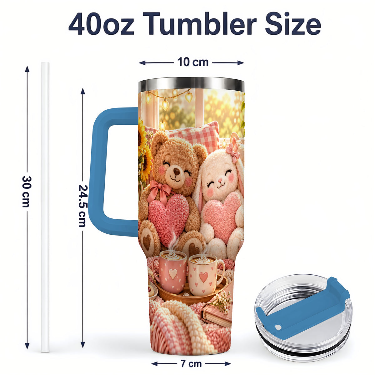 #pl[40oz|Blue] Teddy Bear Bunny Hearts 40oz Tumbler, Stainless Steel