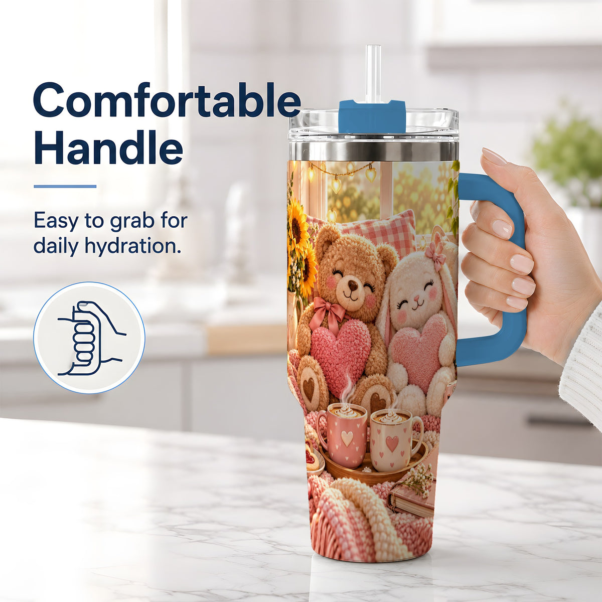 #pl[40oz|Blue] Teddy Bear Bunny Hearts 40oz Tumbler, Stainless Steel