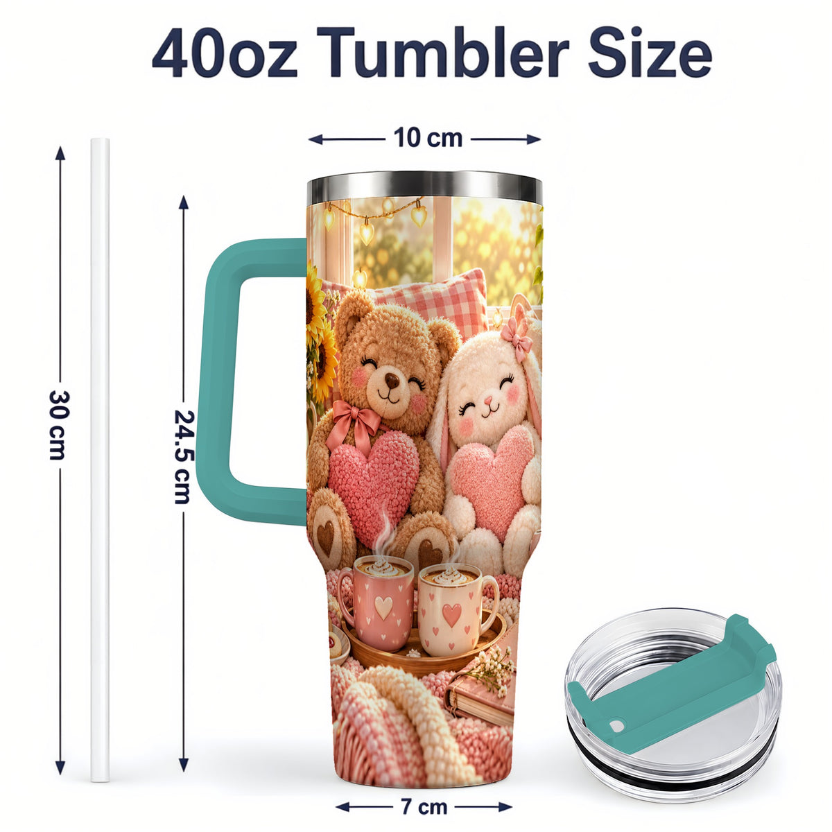 #pl[40oz|Green] Teddy Bear Bunny Hearts 40oz Tumbler, Stainless Steel