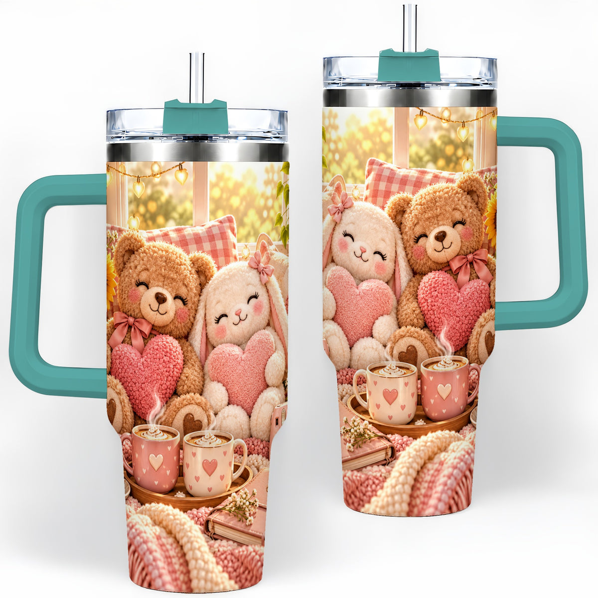 #pl[40oz|Green] Teddy Bear Bunny Hearts 40oz Tumbler, Stainless Steel